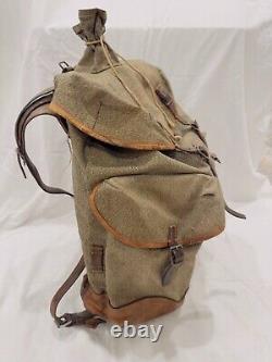 1947 Swiss Army Military Backpack Rucksack Vintage Salt & Pepper Canvas Leather