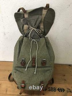 1967 Good Condition Swiss Army Military Backpack Rucksack Canvas Leather Vintage