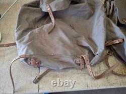2 Qty. Vintage Swedish Army Military Canvas Leather Backpack Rucksack 3 Crown