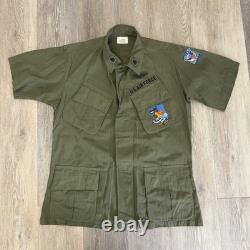 4 Vintage Military Vietnam OG 107 Green Ripstop Poplin Shirt Medium Short Patch