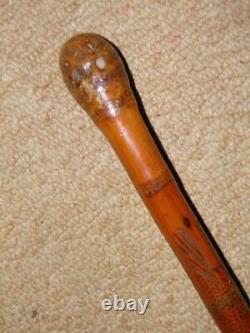 Antique Military Chinese Carved Floral Bamboo Swagger Stick With Root 