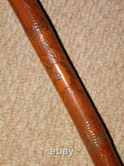 Antique Military Chinese Carved Floral Bamboo Swagger Stick With Root Ball Top