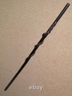 Antique Military Ebonized Swagger Stick- Hand-Sculpted Snake Eating Lizard Shaft
