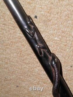 Antique Military Ebonized Swagger Stick- Hand-Sculpted Snake Eating Lizard Shaft