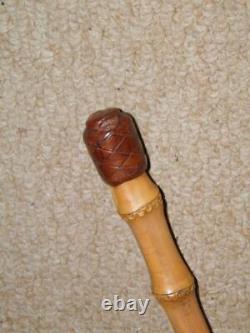 Antique Military Semi-Flex Whangee Bamboo Swagger Stick With Plaited Leather Top