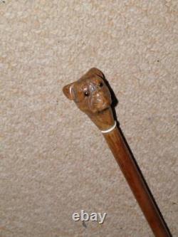 Antique Military Swagger Stick Hand-Sculpted Bulldog Head Top With Glass Eyes