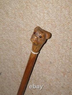 Antique Military Swagger Stick Hand-Sculpted Bulldog Head Top With Glass Eyes