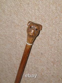 Antique Military Swagger Stick Hand-Sculpted Bulldog Head Top With Glass Eyes