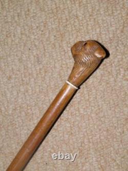 Antique Military Swagger Stick Hand-Sculpted Bulldog Head Top With Glass Eyes