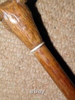 Antique Military Swagger Stick Hand-Sculpted Bulldog Head Top With Glass Eyes