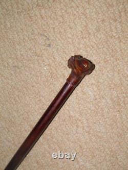Antique Military Swagger Stick Hand-Sculpted Lurcher Head Top With Glass Eyes