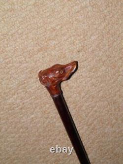 Antique Military Swagger Stick Hand-Sculpted Lurcher Head Top With Glass Eyes