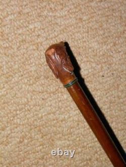 Antique Military Swagger Stick With Hand-Carved Grotesque Spaniel Dog Head Top