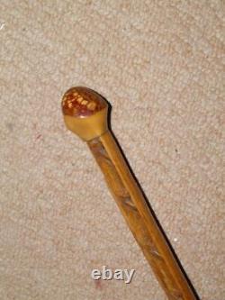 Antique Military Swagger Stick With Hand-Sculpted Shaft & Coquilla Nut Top