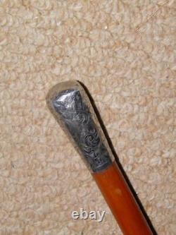 Antique Military Swagger Stick With Repousse Floral Silver Pommel Top 84cm