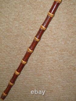 Antique Military Whangee Bamboo Swagger Stick With Cladded Brown Leather Bands