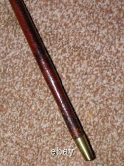 Antique WW1 Military Skilfully Clad Brown Leather Burr Bamboo Swagger Stick-72cm