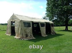 MILITARY BASE X TENT 305+STAKES TAN 18x 25 FT 450 SQ FT SURPLUS ARMY- VERY DIRTY