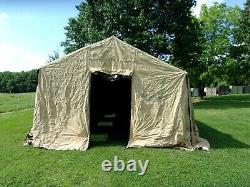 MILITARY BASE X TENT 305+STAKES TAN 18x 25 FT 450 SQ FT SURPLUS ARMY- VERY DIRTY