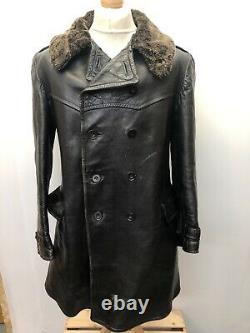 Rare Vintage Swedish Leather Sheepskin Military Coat 1940s WW2