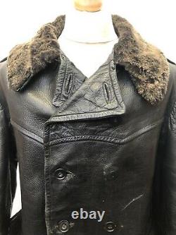 Rare Vintage Swedish Leather Sheepskin Military Coat 1940s WW2