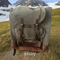 Swiss Army Vintage Mountain Field Backpack Military Canvas Leather WW2 Era Old