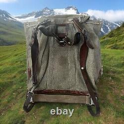 Swiss Army Vintage Mountain Field Backpack Military Canvas Leather WW2 Era Old