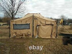 US MILITARY SURPLUS 18x18 MGPTS TENT ARMY- TENT IS MORE USED TAN -SOME DAMAGE