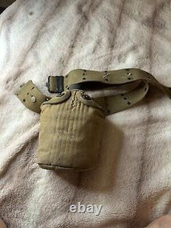 VINTAGE 1942 WWII US ARMY Tan/Green Canteen Water Bottle Bag with Belt Military