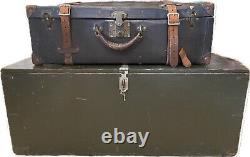 VTG Military Army Green Vietnam Wood Foot Locker Trunk & Korean War Era Suitcase