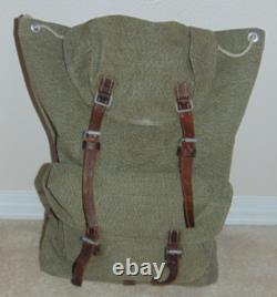 VTG Swiss Army Military Backpack Rucksack Canvas Leather Salt & Pepper 1950's