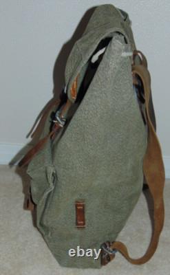 VTG Swiss Army Military Backpack Rucksack Canvas Leather Salt & Pepper 1950's