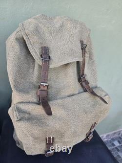 Vintage 1954 Swiss Army Military Backpack Rucksack Salt & Pepper Canvas Leather