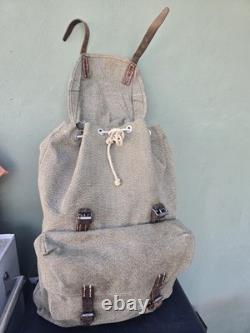 Vintage 1954 Swiss Army Military Backpack Rucksack Salt & Pepper Canvas Leather