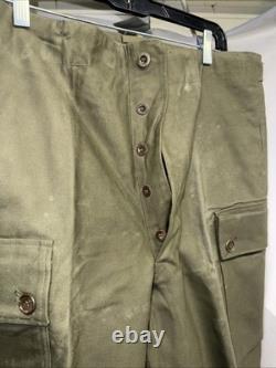 Vintage 1970s Dutch Army KL Cargo Pants Olive Military Sateen 82x80 Button Fly
