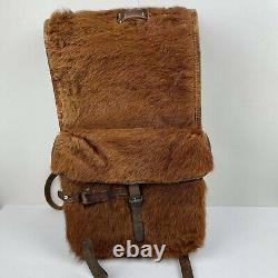Vintage 50s Swiss army military Rucksack Cowhide Brown leather Fur backpack VTG