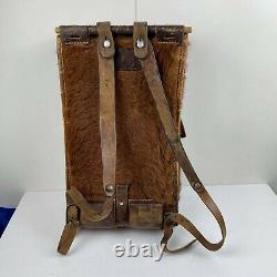Vintage 50s Swiss army military Rucksack Cowhide Brown leather Fur backpack VTG
