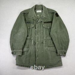 Vintage 50s US Army OG 107 Field Coat Mens M Green Cotton Sateen Jett Patch