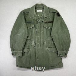 Vintage 50s US Army OG 107 Field Coat Mens M Green Cotton Sateen Jett Patch