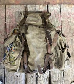 Vintage 60s Lafuma French Military Army Rucksack Backpack With Green Peace Patches