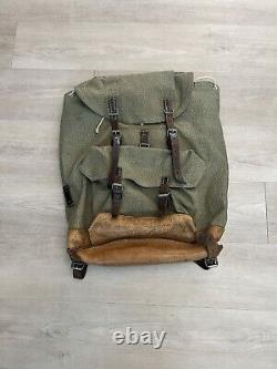 Vintage 60s Swiss Army Military Salt & Pepper Backpack Rucksack Canvas Leather