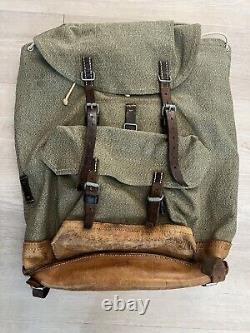 Vintage 60s Swiss Army Military Salt & Pepper Backpack Rucksack Canvas Leather