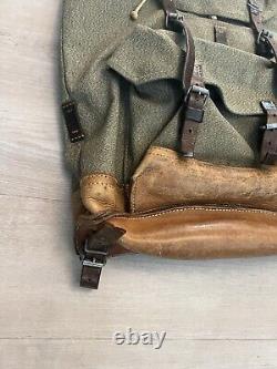 Vintage 60s Swiss Army Military Salt & Pepper Backpack Rucksack Canvas Leather