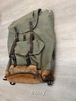 Vintage 60s Swiss Army Military Salt & Pepper Backpack Rucksack Canvas Leather