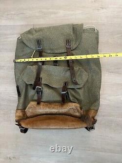 Vintage 60s Swiss Army Military Salt & Pepper Backpack Rucksack Canvas Leather