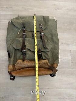 Vintage 60s Swiss Army Military Salt & Pepper Backpack Rucksack Canvas Leather