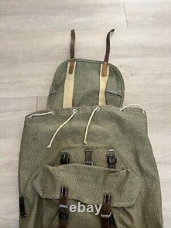 Vintage 60s Swiss Army Military Salt & Pepper Backpack Rucksack Canvas Leather