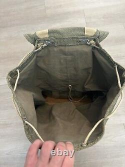 Vintage 60s Swiss Army Military Salt & Pepper Backpack Rucksack Canvas Leather