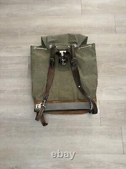 Vintage 60s Swiss Army Military Salt & Pepper Backpack Rucksack Canvas Leather