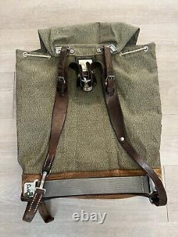 Vintage 60s Swiss Army Military Salt & Pepper Backpack Rucksack Canvas Leather